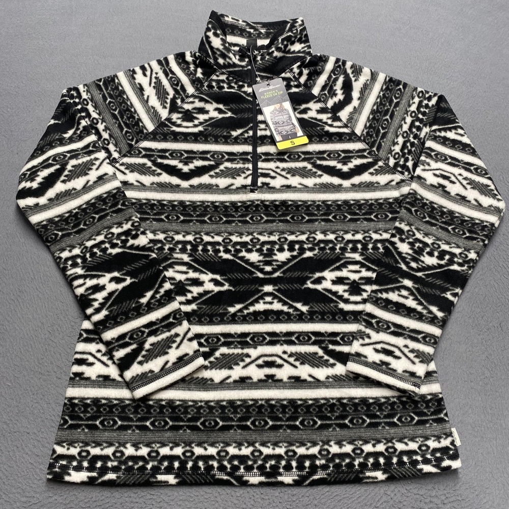 Eddie Bauer Fleece Pullover Womens Small Black‎ White 1/4 Zip Aztec Fossil
